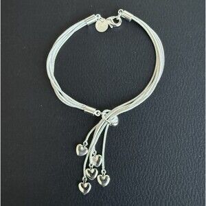 925 Sterling Silver Heart Five-Line Chain & Heart Charm Bracelet Adjustable NWOT